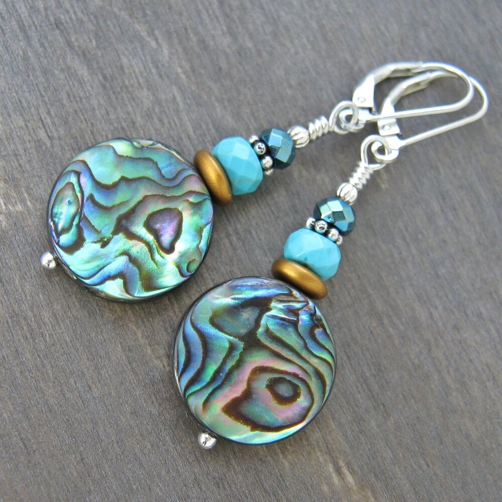 Abalone Shell Earrings Sterling Silver Leverback Dangle Boho Southwest - Picture 5 of 8